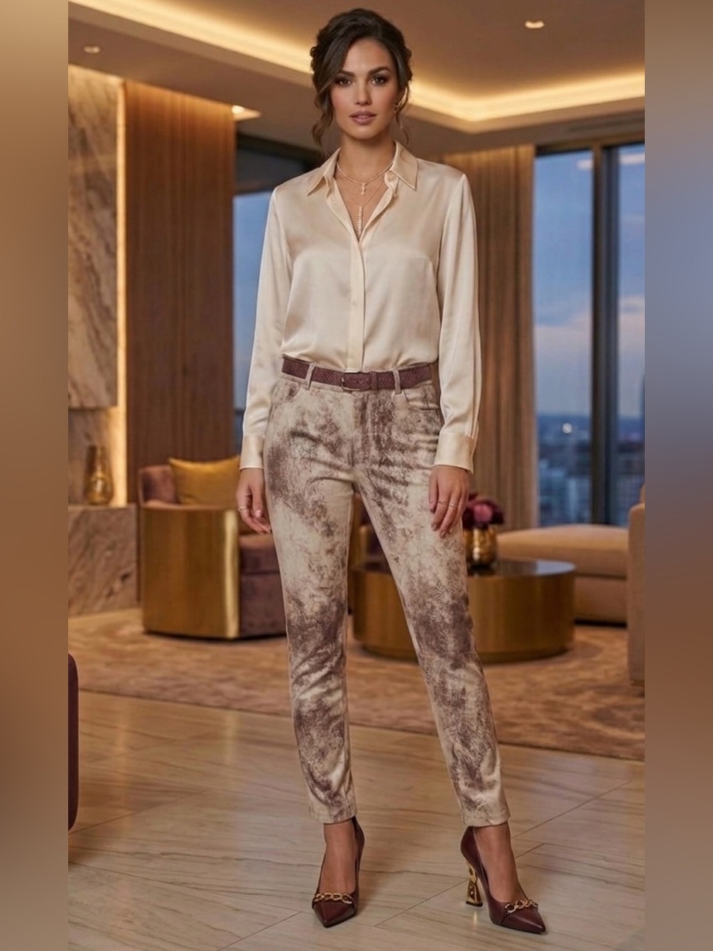 NWOT Angela Mara Faux Suede Premium Abstract Tailored Trousers S Cream Plum